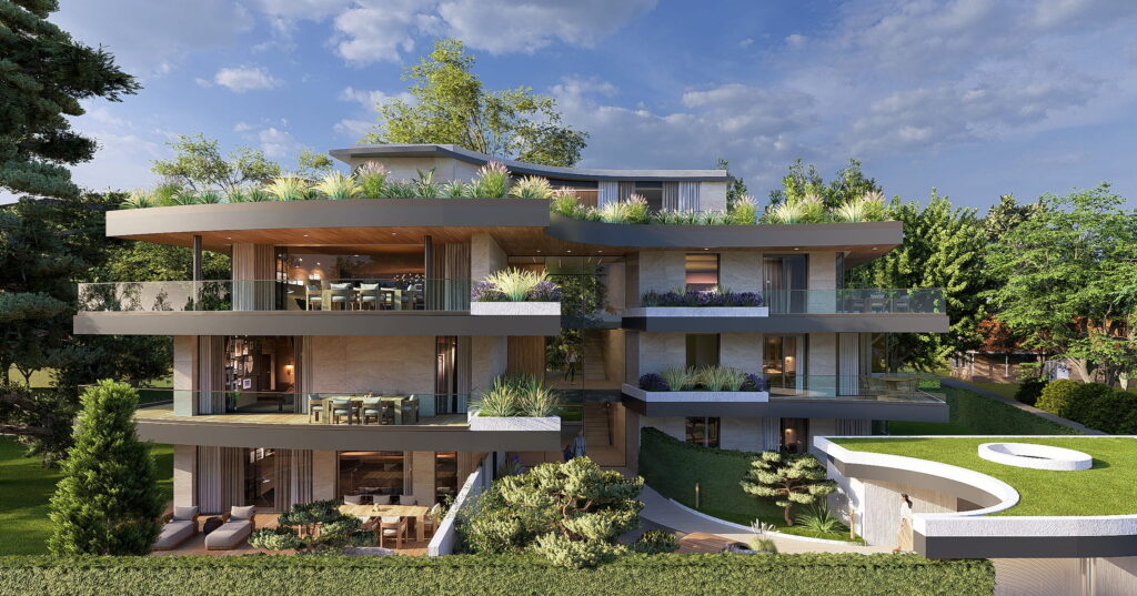 Habitat groupé contemporain à Bellevue, Genève, avec terrasses végétalisées.