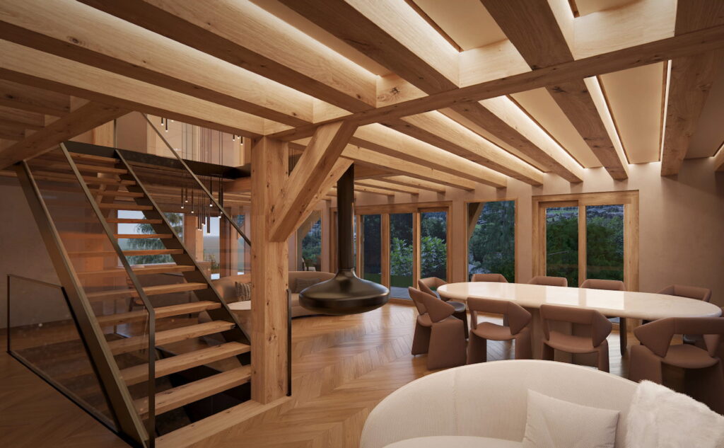 Rénovation et transformation intérieure d’un chalet de haut standing avec structure en bois et escalier contemporain.