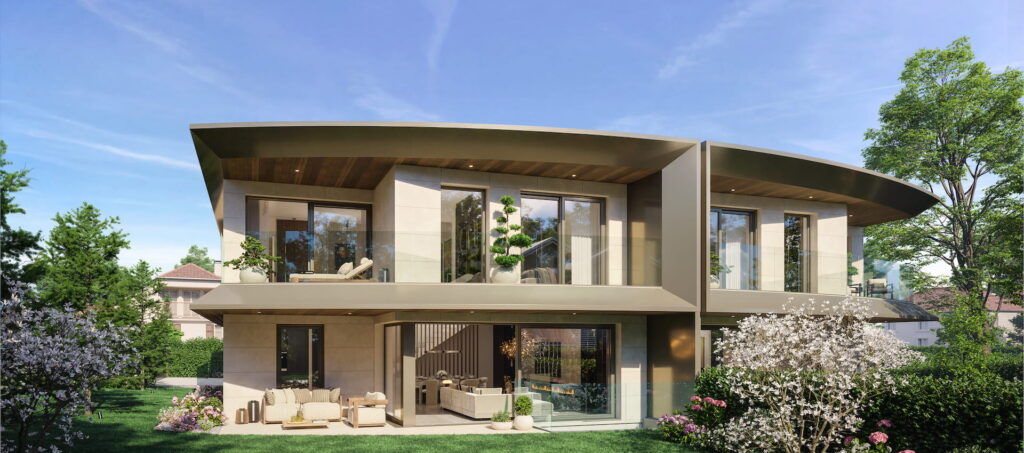 Villas mitoyennes de haut standing avec façades en pierre naturelle à Chêne-Bougeries, Genève.
