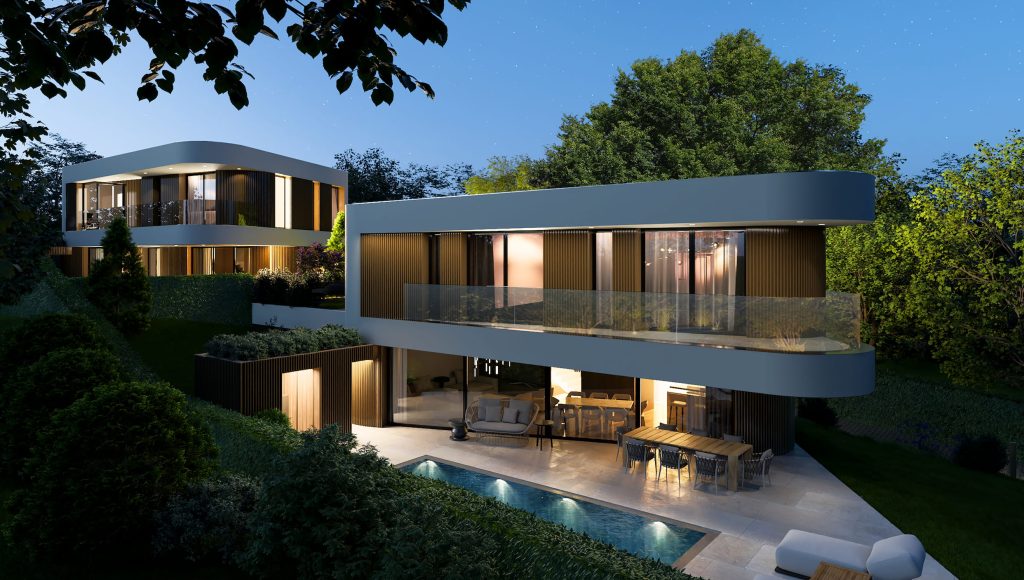 Construction de deux villas de haut standing contiguës par les garages avec piscine à Conches Genève