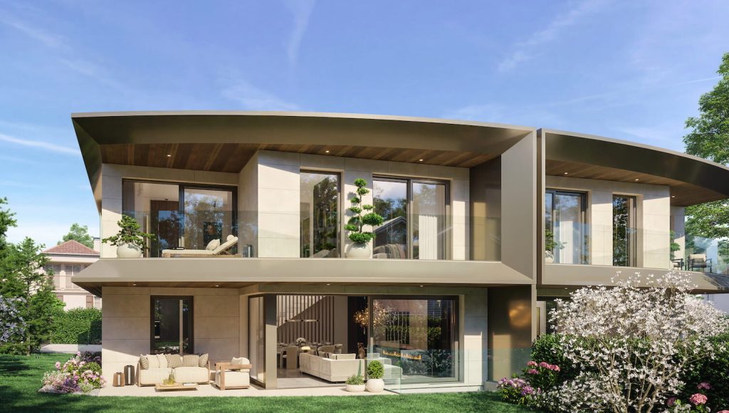 Villas mitoyennes de haut standing avec façades en pierre naturelle à Chêne-Bougeries, Genève.