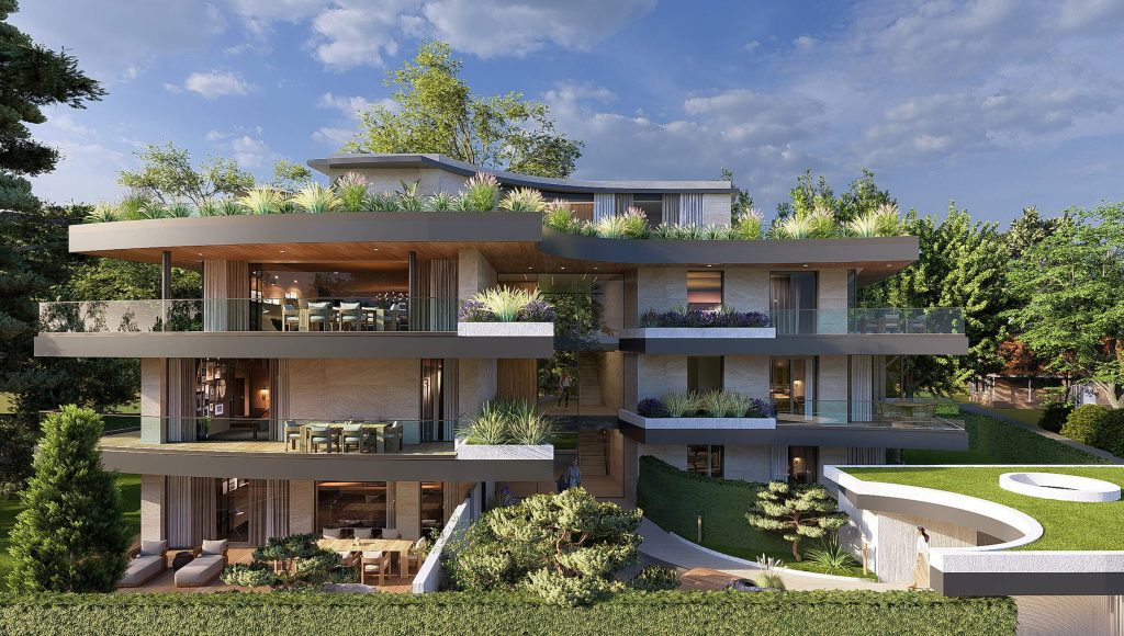 Habitat groupé contemporain à Bellevue, Genève, avec terrasses végétalisées.