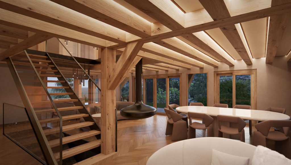 Rénovation et transformation intérieure d’un chalet de haut standing avec structure en bois et escalier contemporain.